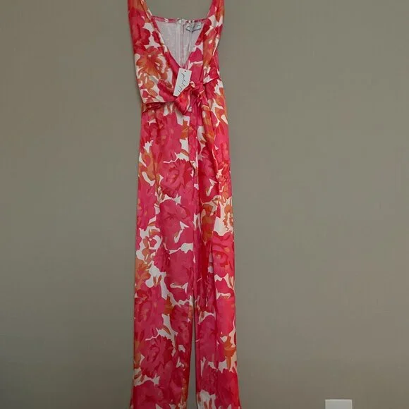Petal and Pup Addison Jumpsuit XS Pink Coral Floral Smocked Wrap Tie Waist - Picture 3 of 7